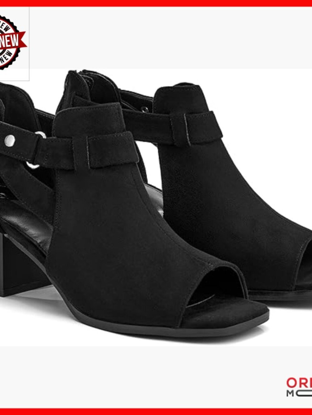 Chunky Heel Peep Toe Booties with Back Zipper, Faux Suede, Size Down 0.5